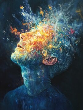 Surreal portrait of a person with an exploding mind of vibrant colors
