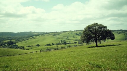 Lush green pastureland stretches to rolling hills under a partly cloudy sky.