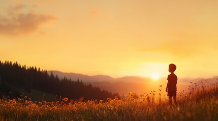 Fototapeta premium Real-Time Insights Powered by Big Data and Advanced Analytics, A silhouette of a child in a field at sunset, surrounded by flowers and mountains in the distance.