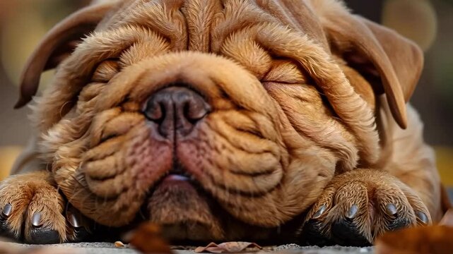 Adorable sleepy shar pei puppy resting peacefully in a cozy spot on a sunny day, showcasing its adorable wrinkles and calm demeanor 