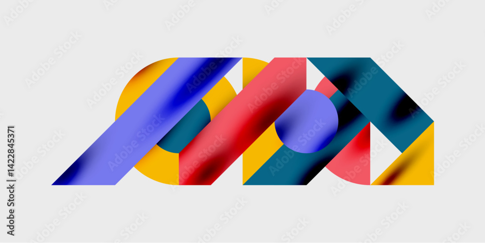 Poster Abstract geometric composition. Overlapping colorful shapes create dynamic visual interest. Bright hues contrast against light background. Modern design elements present.