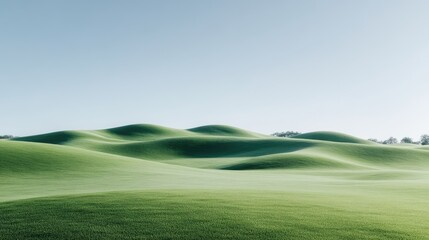 Obraz premium Rolling Green Hills Minimalist Landscape, High-Definition Soft Light, Wide Scenic View, Undulating Textures, Peaceful Serenity, Open Countryside, Serene Green Tones, Ideal for Nature Posters