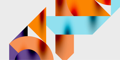 Abstract geometric composition. Overlapping shapes create dynamic visual effect. Orange, blue, purple hues dominate neutral background. Modern design elements present.