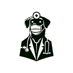 illustration or logo of a dog dressed as a doctor wearing a mask and stethoscope, suitable for a veterinary hospital logo