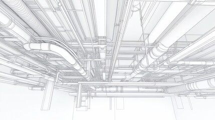 Complex infrastructure rendering, Detailed industrial ceiling architecture with pipes and ventilation systems