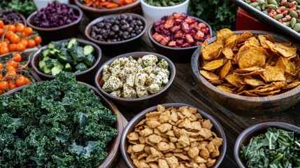 A vibrant farmers' market display with freshly made kale chips and other organic snacks arranged beautifully.
