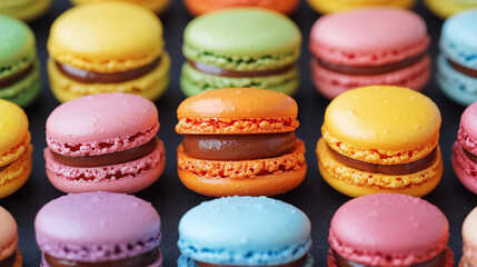 Fototapeta premium A colorful closeup of assorted French macaroons showcasing delicate textures and vibrant hues symbolizing joy indulgence cultural elegance and the art of patisserie in a cheerful display