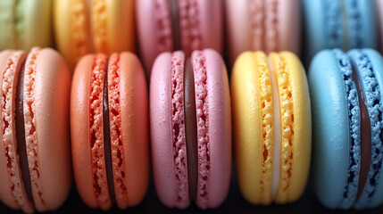 A colorful closeup of assorted French macaroons showcasing delicate textures and vibrant hues symbolizing joy indulgence cultural elegance and the art of patisserie in a cheerful display

