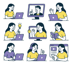 Online learning is depicted through various activities, showcasing woman engaging with technology, studying, and interacting virtual environment. illustrations convey sense of productivity