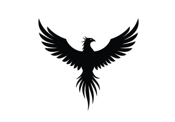Phoenix silhouette. This image shows a black silhouette of a phoenix with outstretched wings, symbolizing rebirth, resurrection, and immortality. Vector clipart illustration design.