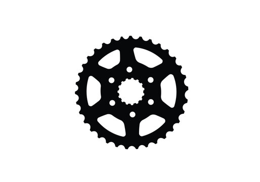Bike sprocket silhouette. This image shows a black silhouette of a circular bike sprocket with visible teeth, symbolizing mechanics and engineering. Vector clipart illustration design.