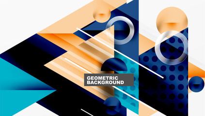 Abstract geometric composition. Overlapping shapes create dynamic visual effect. Orange, blue, black gradients dominate design. Minimalist lines add subtle complexity. Modern aesthetic.