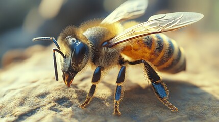 Fototapeta premium Honeybee Buzz Macro view of a bee on textured ground sunlit wings and intricate details highlighted