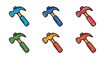 A collection of six simple, colorful hammer icons on a white background.
