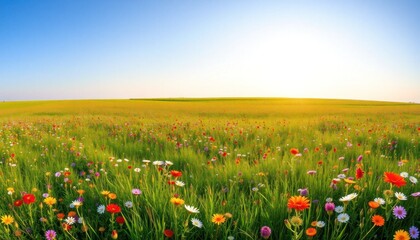 Obraz premium Vibrant wildflower meadow under a clear blue sky creating a peaceful scene