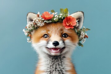 Cute baby animal fox wearing untamed flower circlet on its head - symbol of sunny holiday season. Isolated blue background, copy space, promotion idea. Animal with flowers in studio portrait.