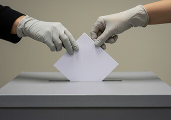 Voting ballot partially inserted into generic ballot box, with gloved hands visible