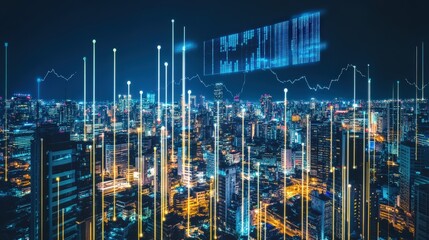 A modern metropolis at night with a sleek holographic timeline floating above, displaying progress from 2025 to 2030