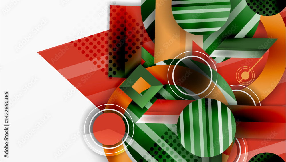 Poster abstract geometric composition. overlapping shapes, circles, squares, lines create dynamic visual ef