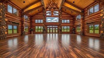 Spacious log cabin interior with expansive windows showcasing a rural landscape.