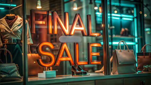 Fashion store window with final sale neon sign, vibrant atmosphere, urban shopping background, copy space