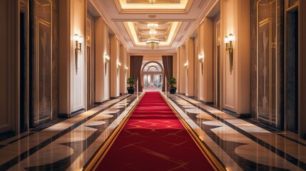 Opulent hotel hallway with red carpet and marble floor leading to entrance