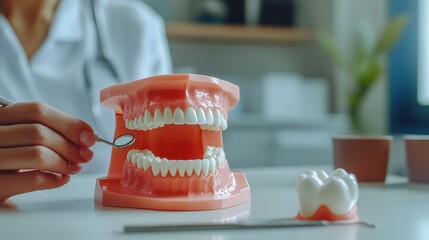 A patient attentively listening to a dental hygienist explaining gum health using a realistic oral model in a bright clinic
