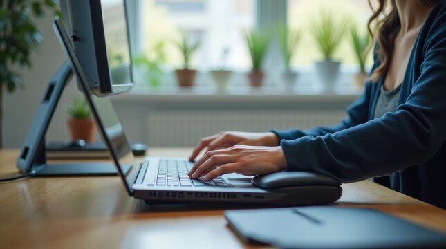 Person using adaptive technology, screen reader on laptop and assistive keyboard in a modern, bright office.

