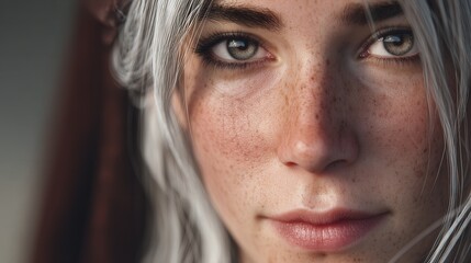 Obraz premium A hyper-realistic portrait of a young woman with silver hair and freckles, dressed in futuristic translucent fashion, glowing in twilight light.