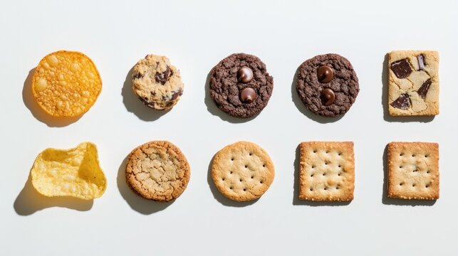A flat lay of different snack foods, including chips, cookies, and crackers, styled for a food blog header image.