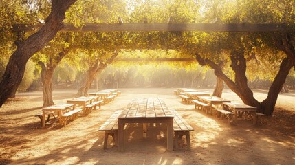 Fototapeta premium Sunlit picnic tables beneath a canopy of trees.