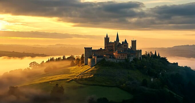 Majestic castle atop a misty hill during sunrise, surrounded by vibrant landscapes and clouds