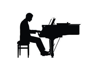 Man playing piano silhouette. This image shows a black silhouette of a person seated on a bench playing a piano, symbolizing music and performance. Vector clipart illustration design.