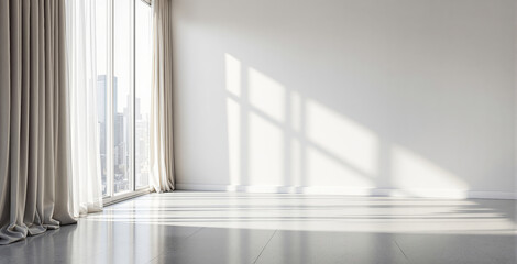 Fototapeta premium Empty bright room interior with elegant curtains and large city-facing windows, minimalist design style, sunlight shadows on white wall, concept of architecture. Ai generative