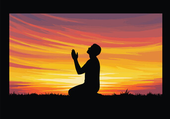 Fototapeta premium Praying silhouette sunset. This image shows a silhouette of a person kneeling in prayer against a vibrant sunset with shades of orange, yellow, and red. Vector clipart illustration design.