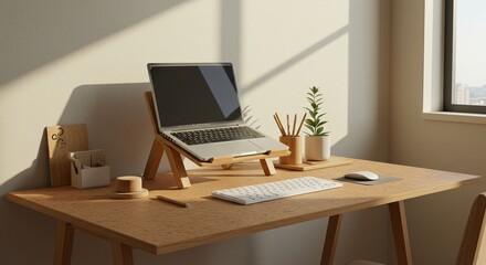 Fototapeta premium Minimalist Office Desk Setup with Sustainable Materials
