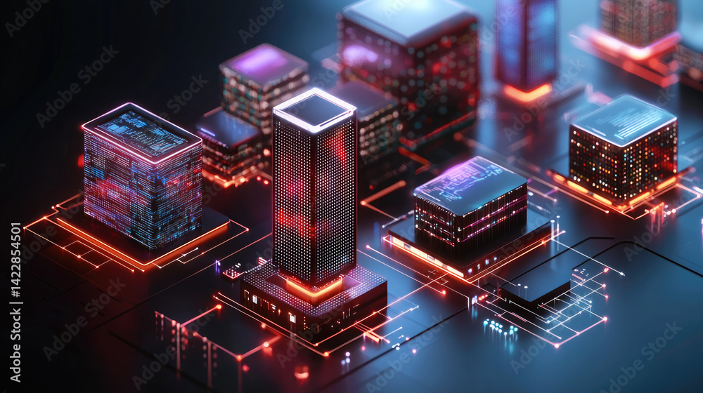 Aufkleber futuristic cityscape with glowing buildings and digital elements, showcasing vibrant urban environme
