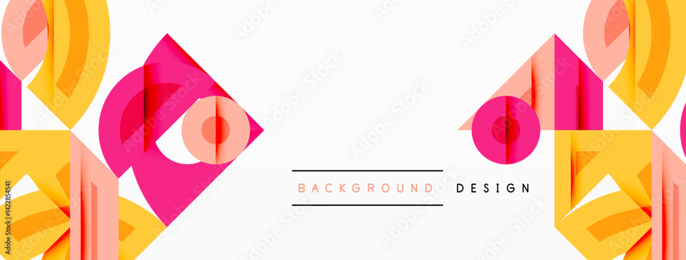 Poster Abstract geometric pattern. Pink, yellow layers create dynamic composition. Clean white space provides contrast, modern aesthetic. Minimalist design suitable for backgrounds.