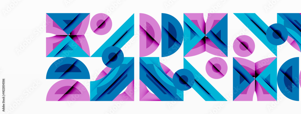 Aufkleber Abstract geometric pattern. Blue, purple shapes overlap creating dynamic composition. Clean lines, circles, triangles form modern design. Minimalist aesthetic.