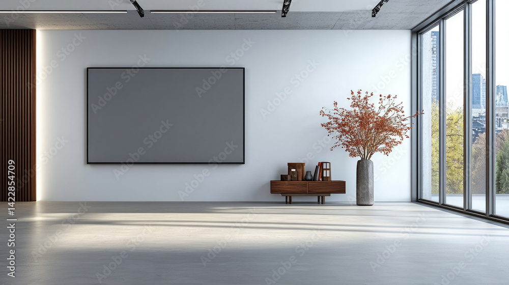 Poster modern interior design features spacious room with large blank wall, perfect for displaying art or s