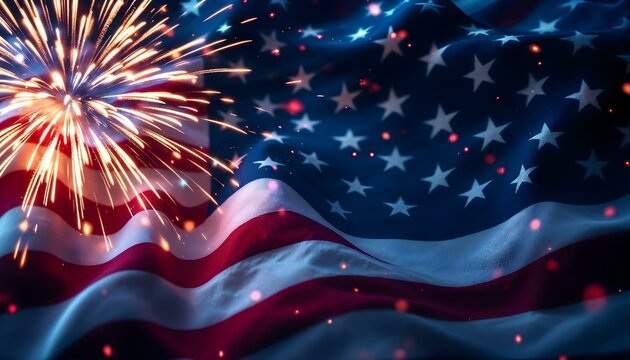 An American flag stands proudly as fireworks explode in the night sky, celebrating Independence Day and community spirit