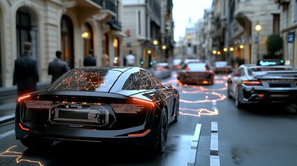 Car driving through flooded city street dramatic weather emergency