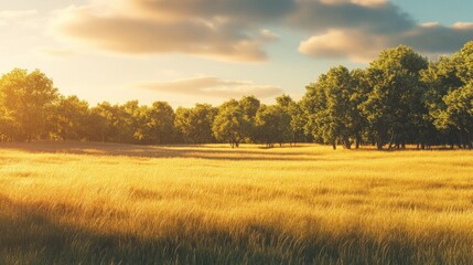 Golden meadow bathed in sunset light, surrounded by lush trees.