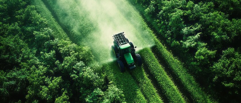 A green tractor sprays crops on a vibrant agricultural field