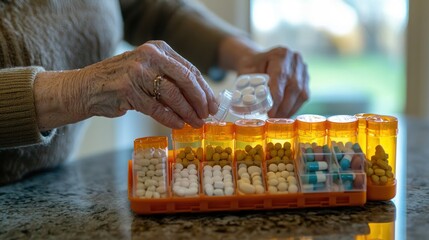A home scene where a senior organizes their cholesterol medications in a pillbox on a table.