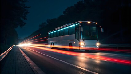 Obraz premium White travel bus driving on highway at night with light trails from passing cars