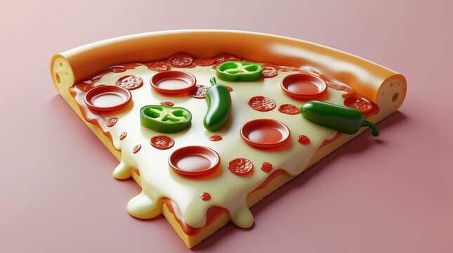 A stylized pizza slice with melted cheese pepperoni and sliced jalapeños on a pink backdrop - Powered by Adobe