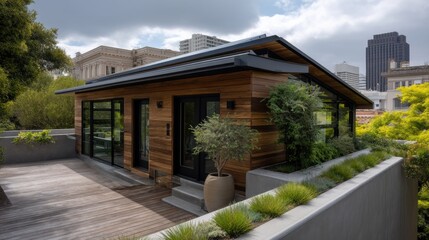 Innovative Sustainable Living Solutions Featuring a Wooden Building with Rooftop Solar Installation and Planter