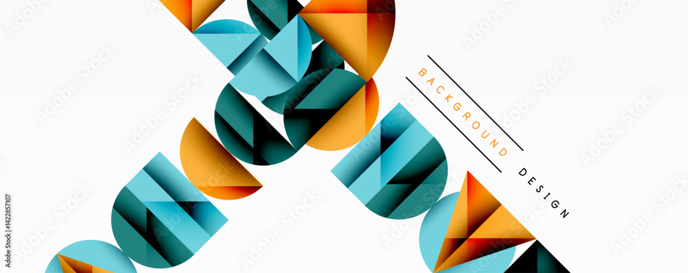 Poster abstract geometric pattern. overlapping shapes create dynamic composition. orange, teal, black color