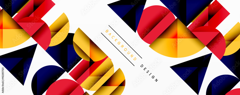 Poster abstract geometric shapes overlap, creating dynamic composition. red, yellow, black, white colors do